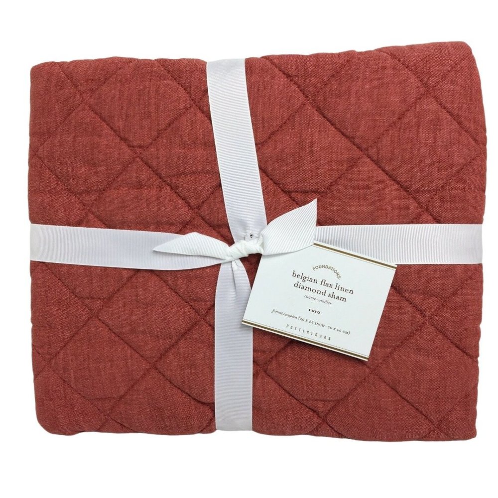 Pottery Barn Belgian Flax Linen Diamond Euro Sham In Brick Foundations 26" X 26" - Picture 1 of 12